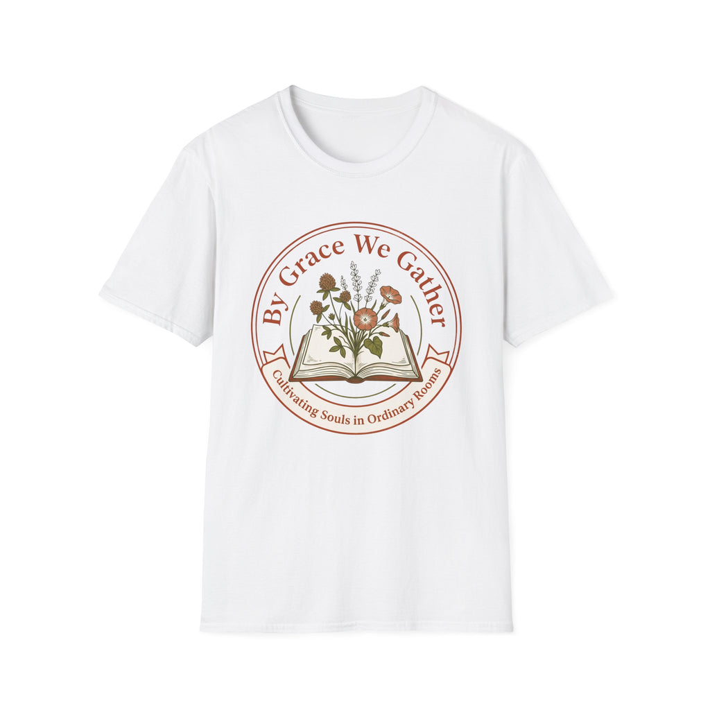 By Grace homeschool mom graphic t-shirt with a faith-filled homeschool design with gentle lettering and classic illustrative details