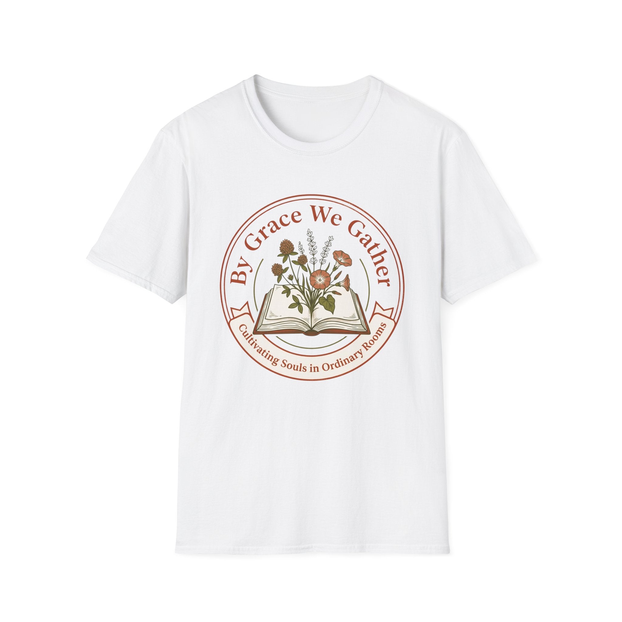 By Grace homeschool mom graphic t-shirt with a faith-filled homeschool design with gentle lettering and classic illustrative details