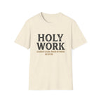 Holy Work homeschool mom graphic t-shirt with a faith-filled homeschool design with gentle lettering and classic illustrative details