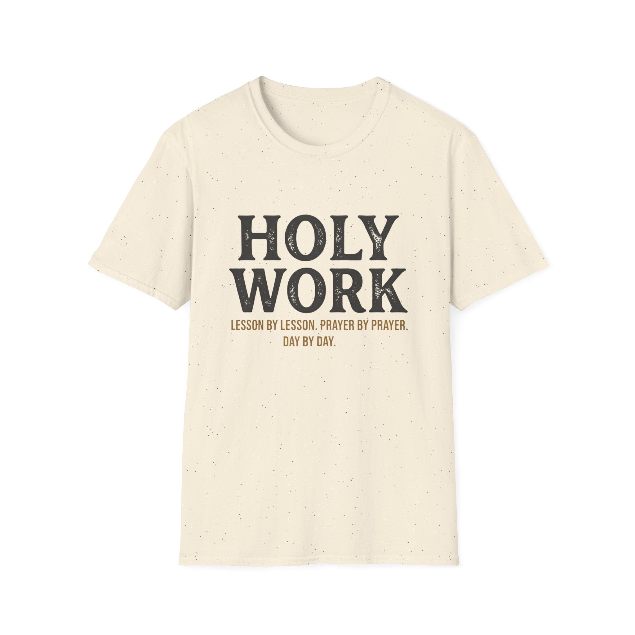 Holy Work homeschool mom graphic t-shirt with a faith-filled homeschool design with gentle lettering and classic illustrative details