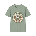 Nature Study Society homeschool mom graphic t-shirt with a Charlotte Mason-inspired design with books, nature details, and vintage homeschool charm