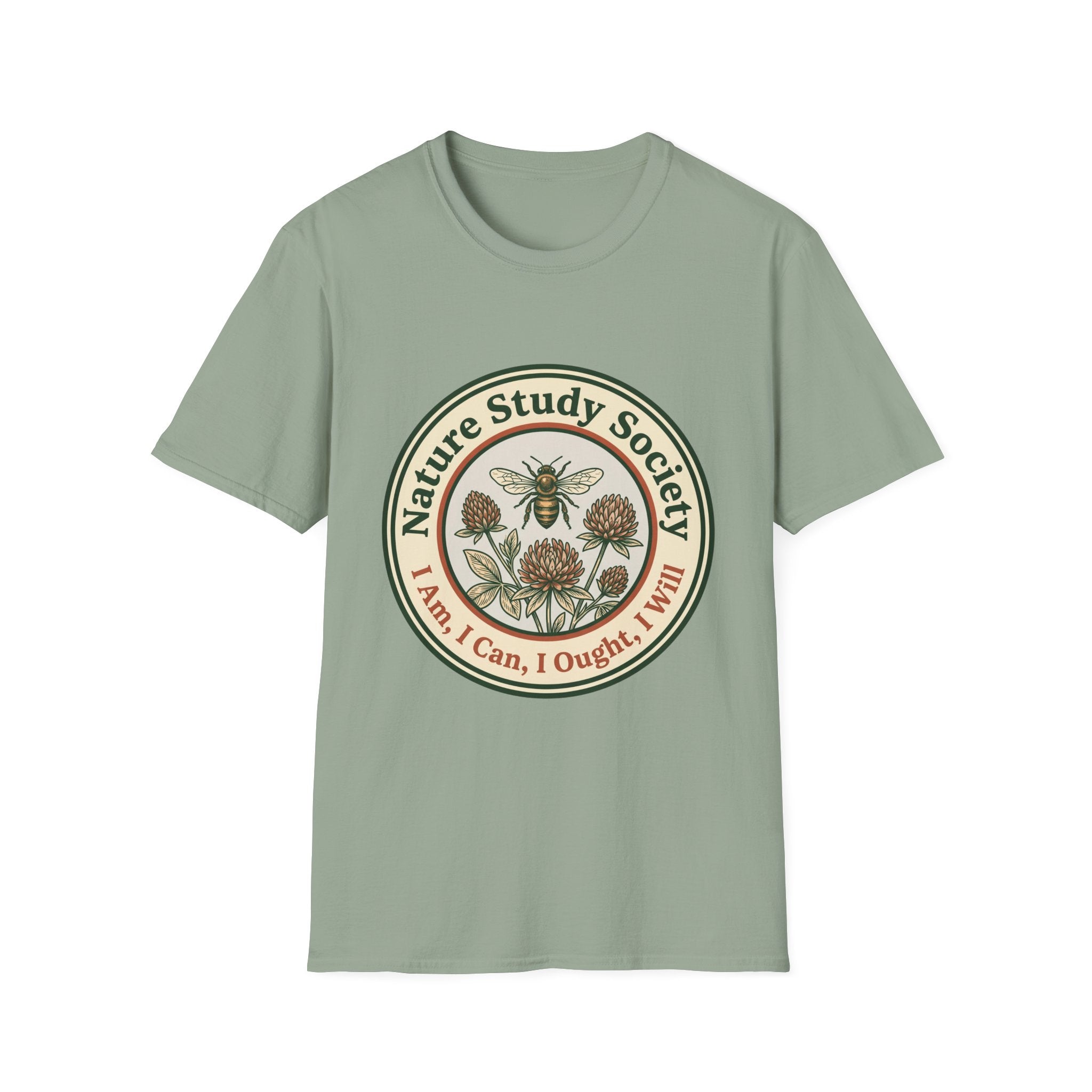 Nature Study Society homeschool mom graphic t-shirt with a Charlotte Mason-inspired design with books, nature details, and vintage homeschool charm