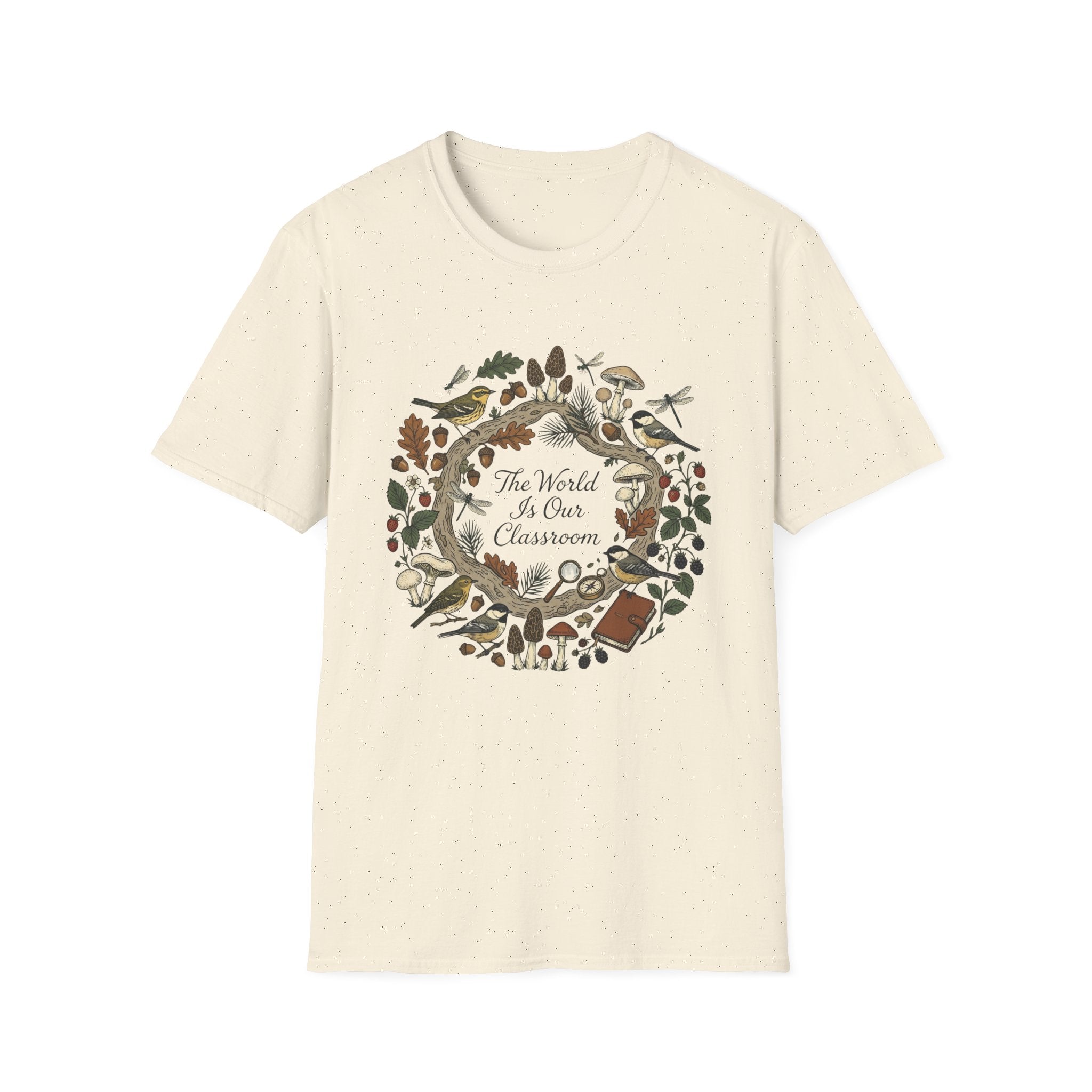 The World Is Our Classroom homeschool mom graphic t-shirt with an adventurous homeschool graphic with nature, books, and outdoor learning energy