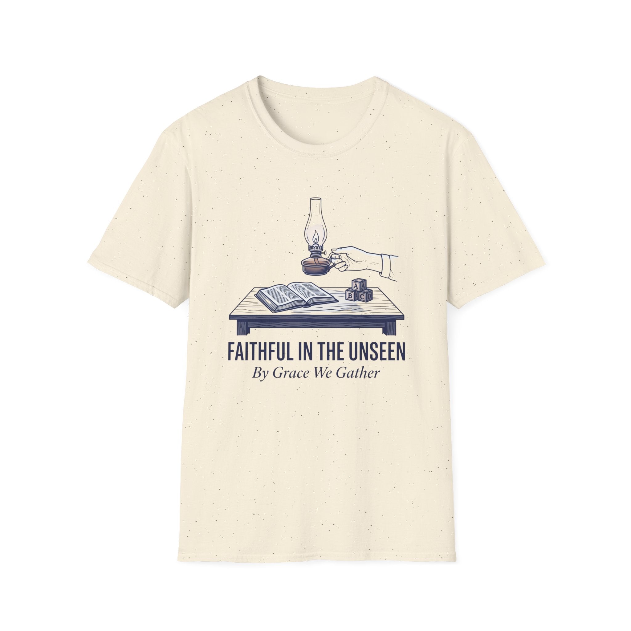 Faithful In The Unseen homeschool mom graphic t-shirt with a faith-filled homeschool design with gentle lettering and classic illustrative details