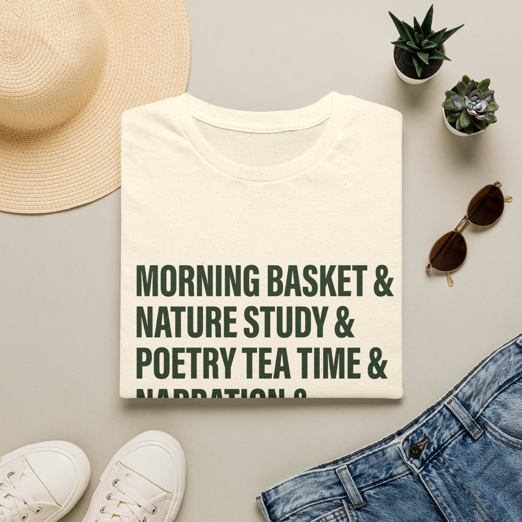 Narration Check List homeschool mom graphic t-shirt with a playful checklist-style homeschool graphic with bookish and nature-inspired details
