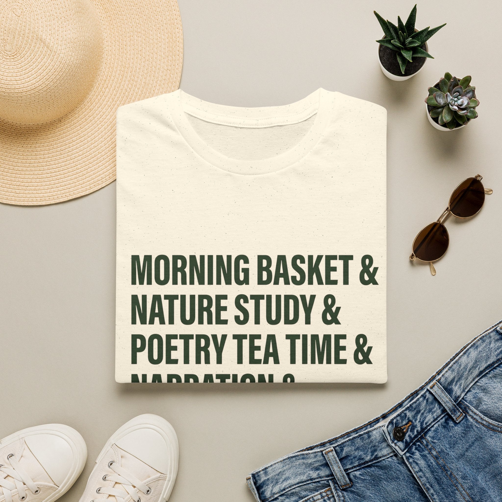 Narration Check List homeschool mom graphic t-shirt with a playful checklist-style homeschool graphic with bookish and nature-inspired details