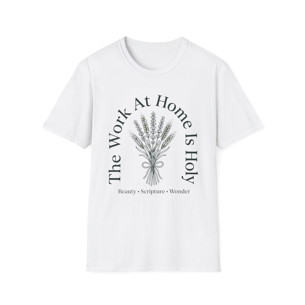 The Work At Home homeschool mom graphic t-shirt with a gathered-at-home inspired graphic with books, florals, and cozy family learning details