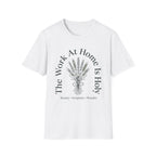 The Work At Home homeschool mom graphic t-shirt with a gathered-at-home inspired graphic with books, florals, and cozy family learning details