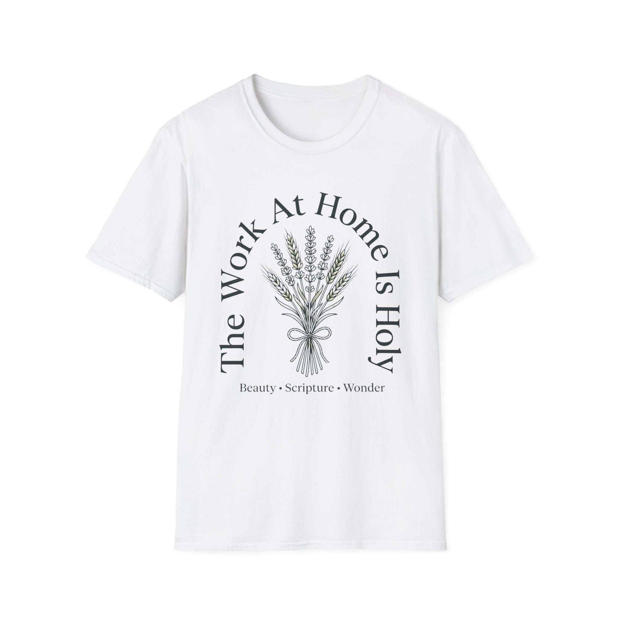 The Work At Home homeschool mom graphic t-shirt with a gathered-at-home inspired graphic with books, florals, and cozy family learning details