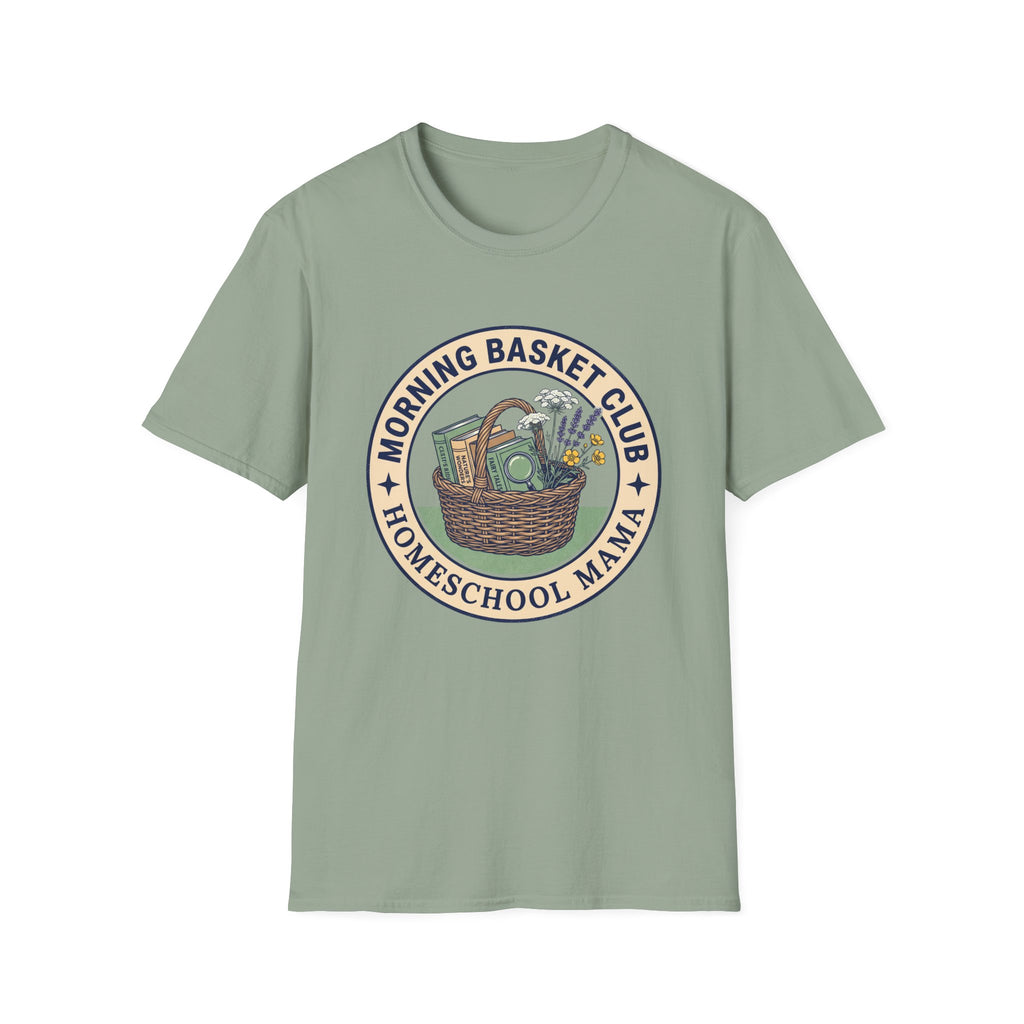 Morning Basket Club homeschool mom graphic t-shirt with a cozy morning basket-inspired design with books, gentle details, and home learning charm