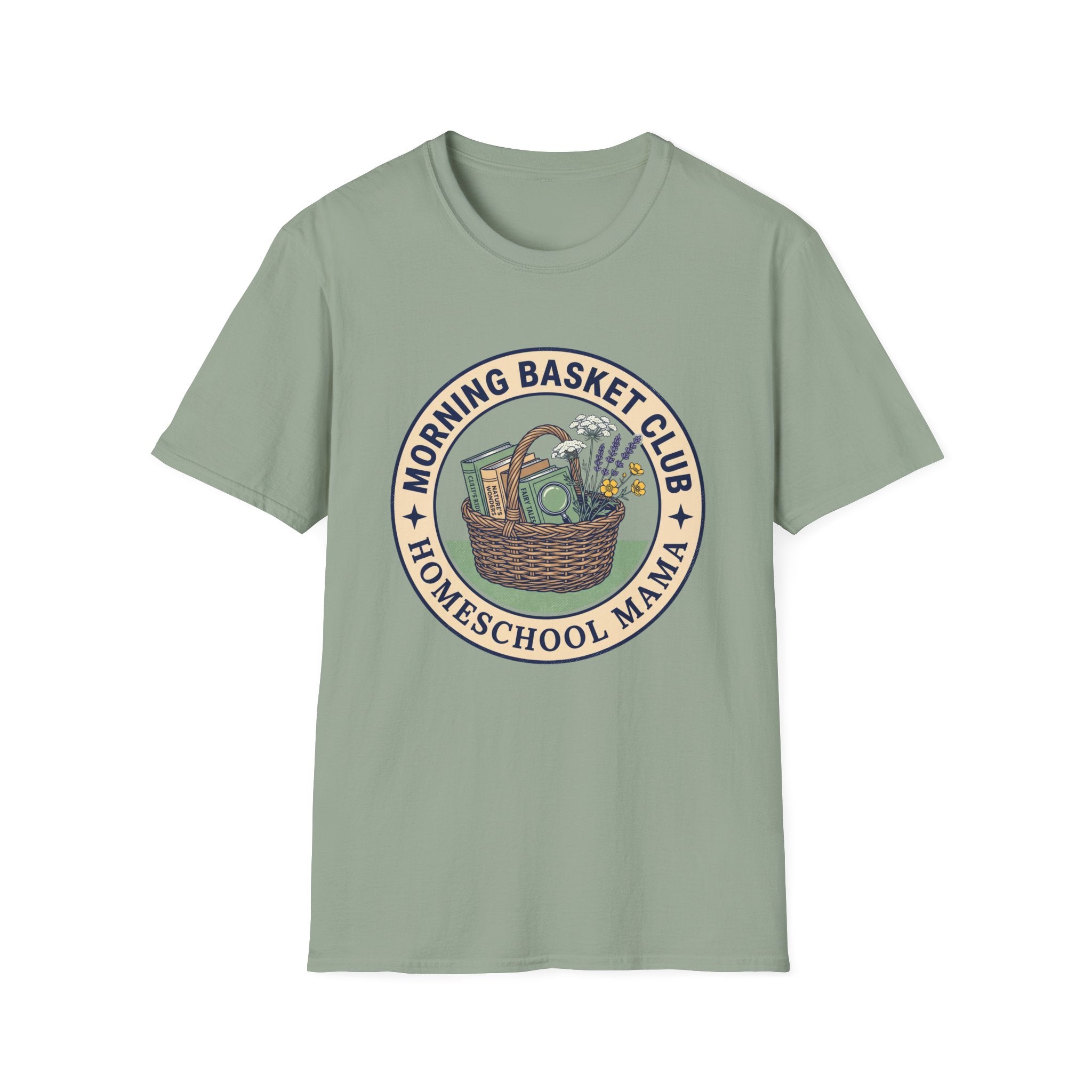 Morning Basket Club homeschool mom graphic t-shirt with a cozy morning basket-inspired design with books, gentle details, and home learning charm