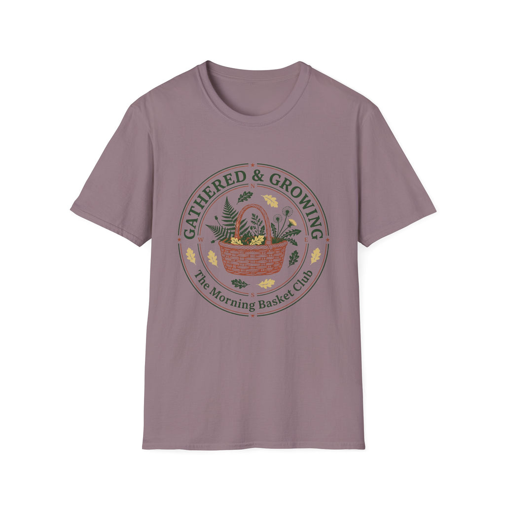 Gathered & Growing homeschool mom graphic t-shirt with a gathered-at-home inspired graphic with books, florals, and cozy family learning details
