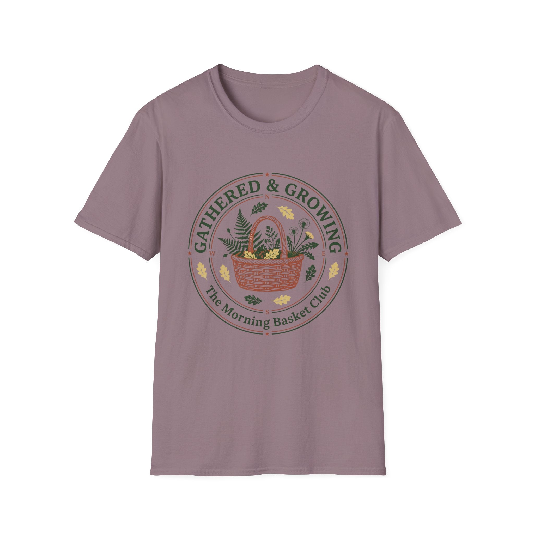 Gathered & Growing homeschool mom graphic t-shirt with a gathered-at-home inspired graphic with books, florals, and cozy family learning details