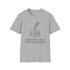 Morning Time & Living Books homeschool mom graphic t-shirt with a Charlotte Mason-inspired design with books, nature details, and vintage homeschool charm