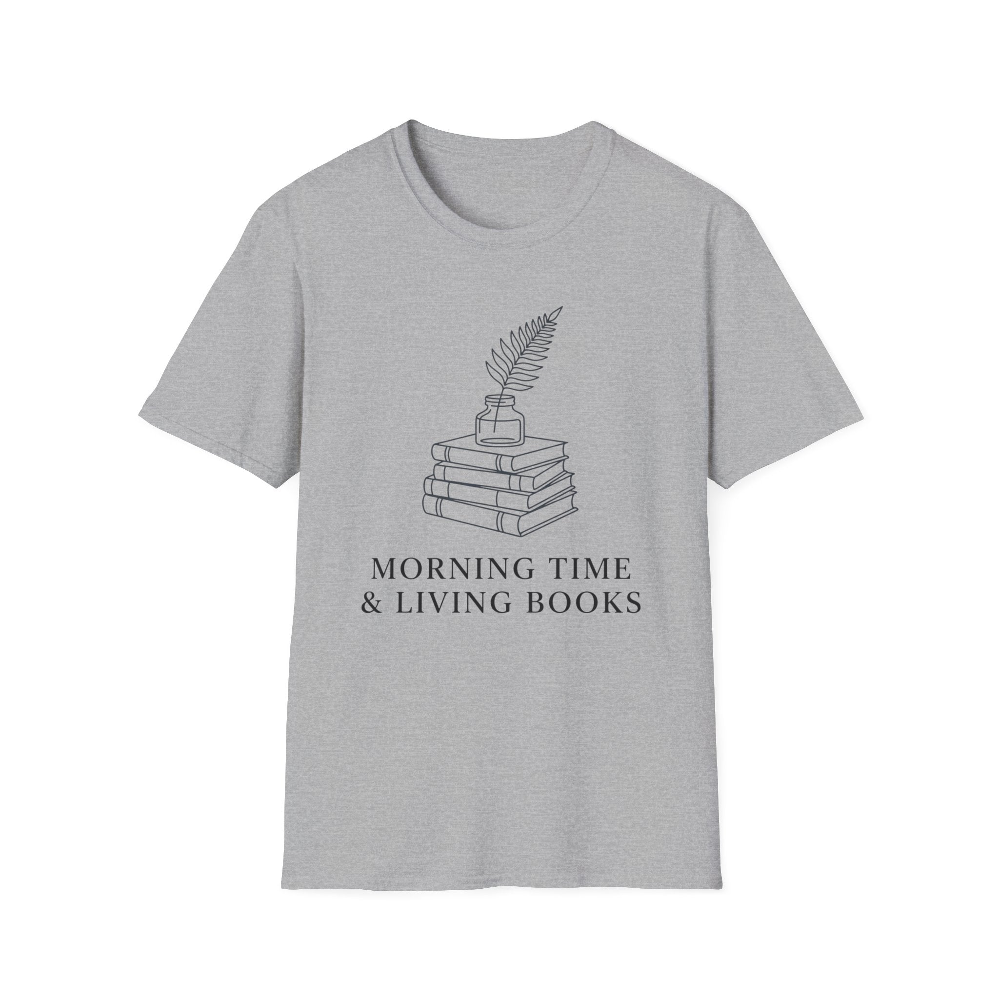 Morning Time & Living Books homeschool mom graphic t-shirt with a Charlotte Mason-inspired design with books, nature details, and vintage homeschool charm
