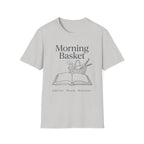 Morning Basket homeschool mom graphic t-shirt with a cozy morning basket-inspired design with books, gentle details, and home learning charm