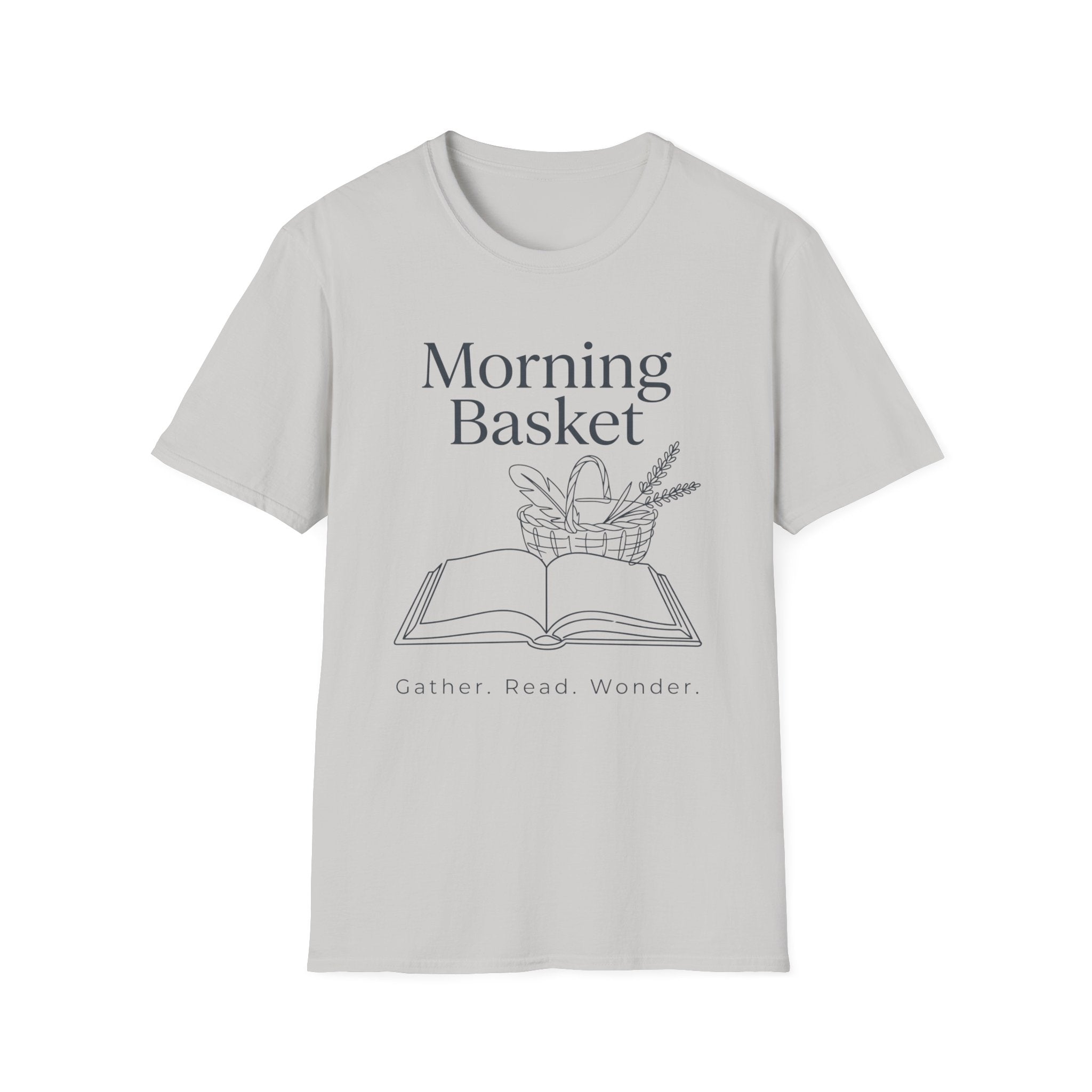 Morning Basket homeschool mom graphic t-shirt with a cozy morning basket-inspired design with books, gentle details, and home learning charm