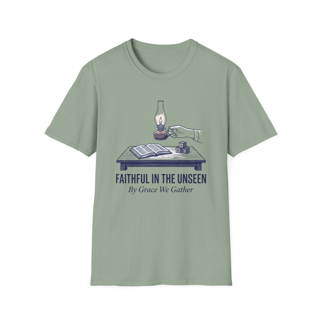 Faithful In The Unseen homeschool mom graphic t-shirt with a faith-filled homeschool design with gentle lettering and classic illustrative details