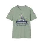 Faithful In The Unseen homeschool mom graphic t-shirt with a faith-filled homeschool design with gentle lettering and classic illustrative details