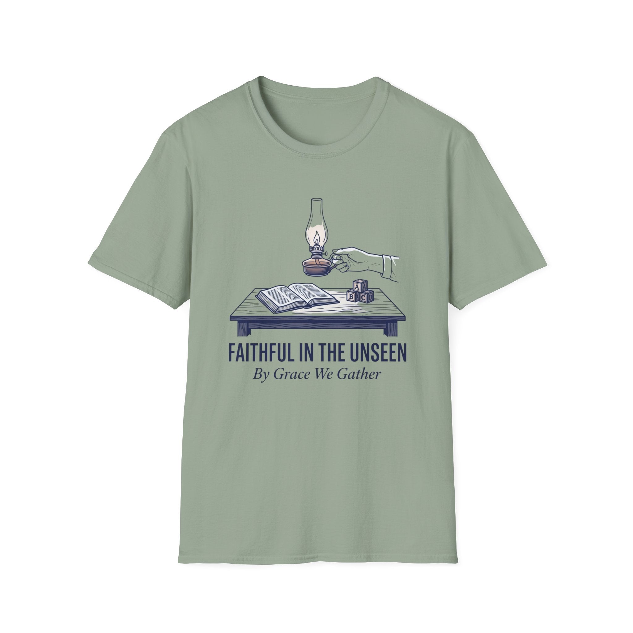 Faithful In The Unseen homeschool mom graphic t-shirt with a faith-filled homeschool design with gentle lettering and classic illustrative details