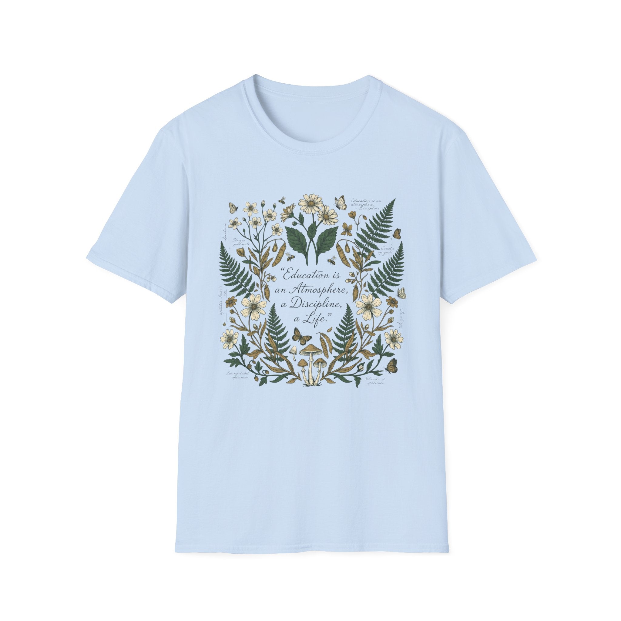 Education Is homeschool mom graphic t-shirt with a Charlotte Mason-inspired design with books, nature details, and vintage homeschool charm