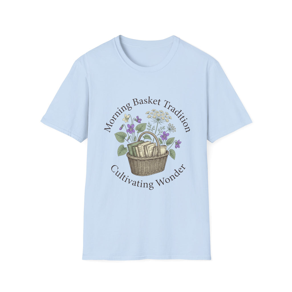 Morning Basket Tradition homeschool mom graphic t-shirt with a cozy morning basket-inspired design with books, gentle details, and home learning charm