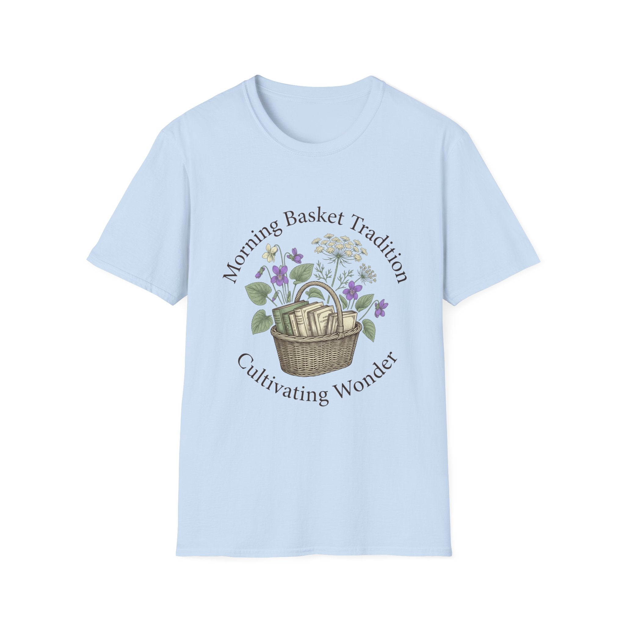 Morning Basket Tradition homeschool mom graphic t-shirt with a cozy morning basket-inspired design with books, gentle details, and home learning charm