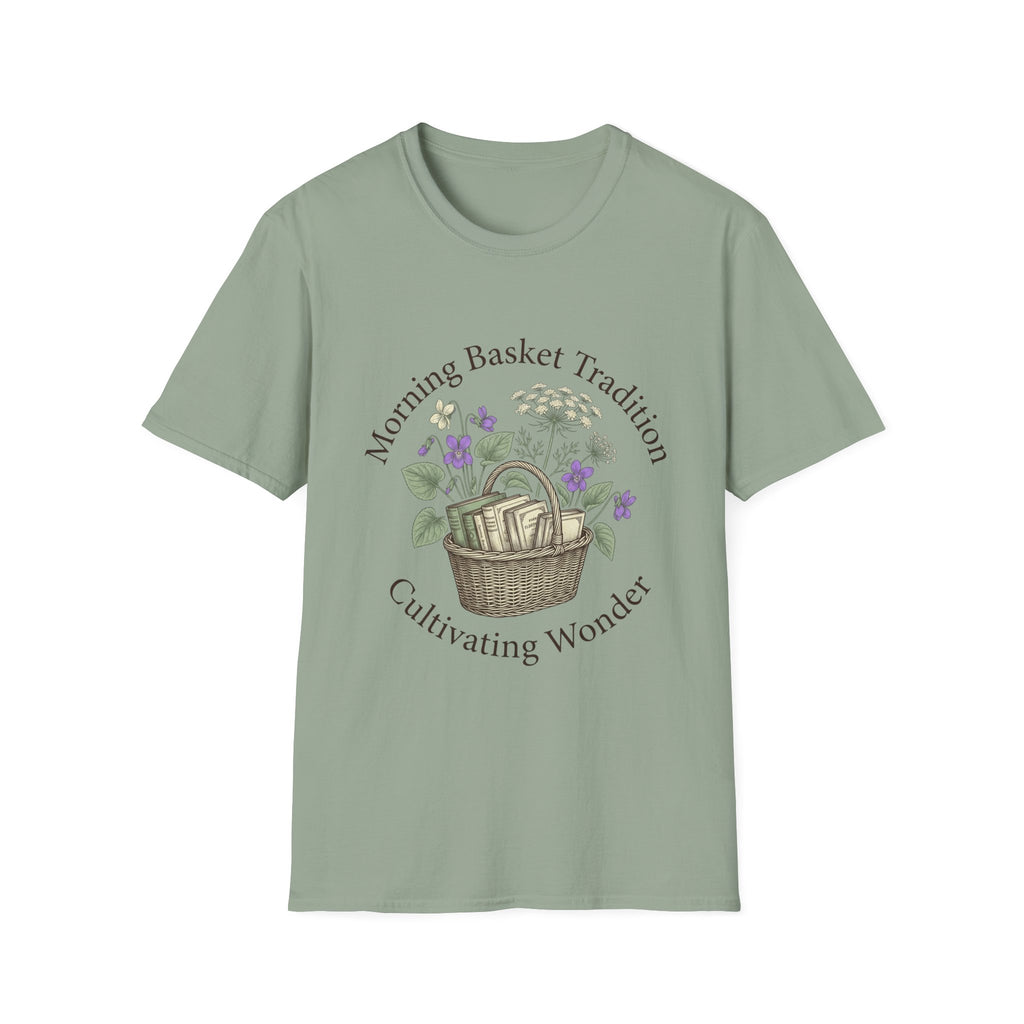 Morning Basket Tradition homeschool mom graphic t-shirt with a cozy morning basket-inspired design with books, gentle details, and home learning charm