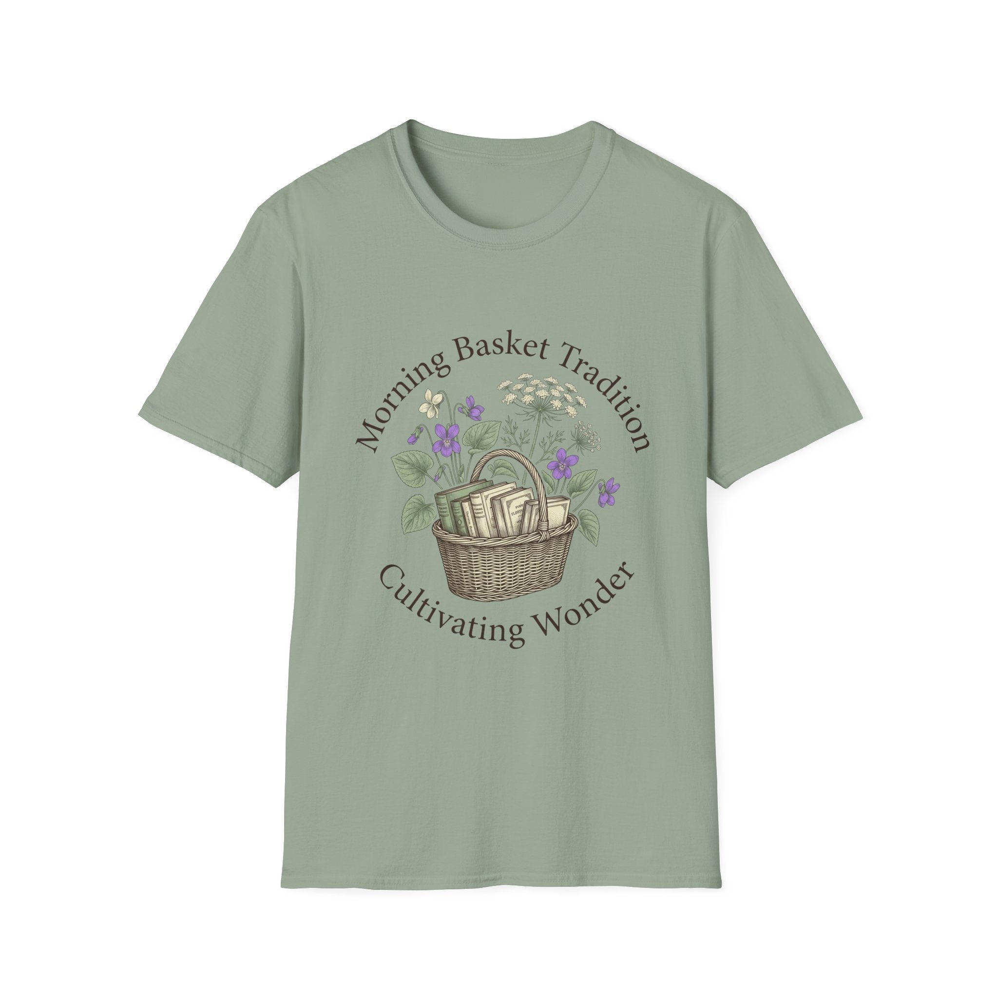 Morning Basket Tradition homeschool mom graphic t-shirt with a cozy morning basket-inspired design with books, gentle details, and home learning charm