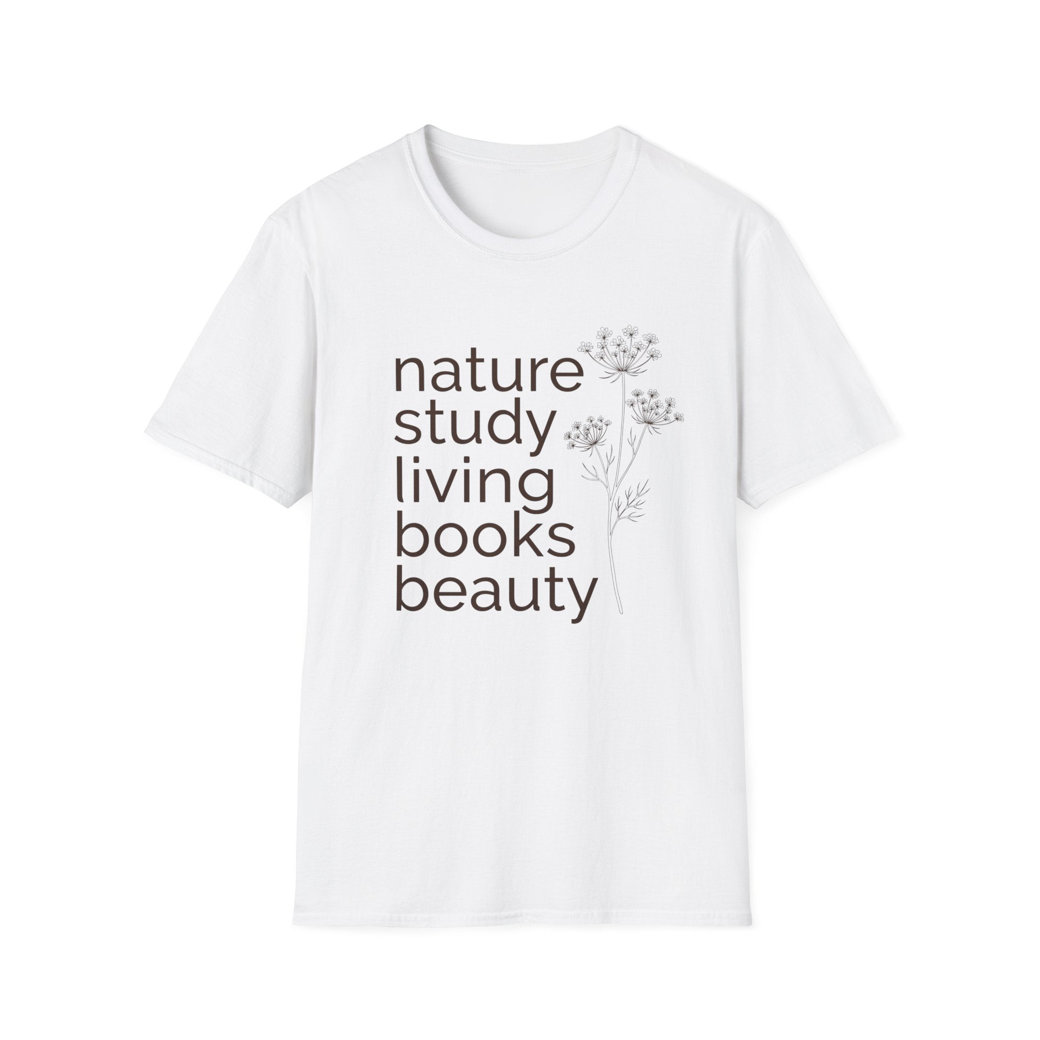 Nature Study, Living Books, Beauty homeschool mom graphic t-shirt with a faith-filled homeschool design with gentle lettering and classic illustrative details