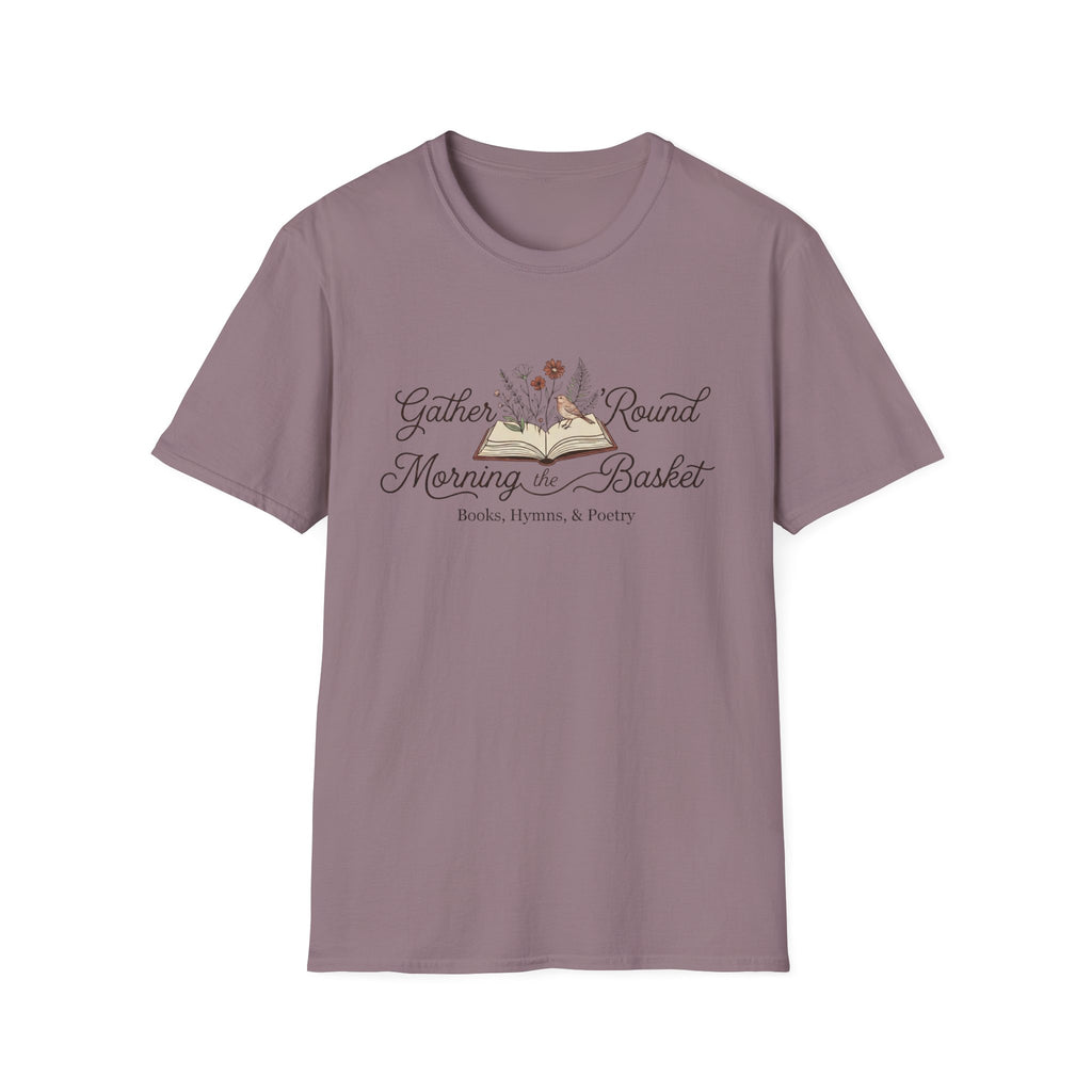 Gather Round The Morning Basket homeschool mom graphic t-shirt with a gathered-at-home inspired graphic with books, florals, and cozy family learning details