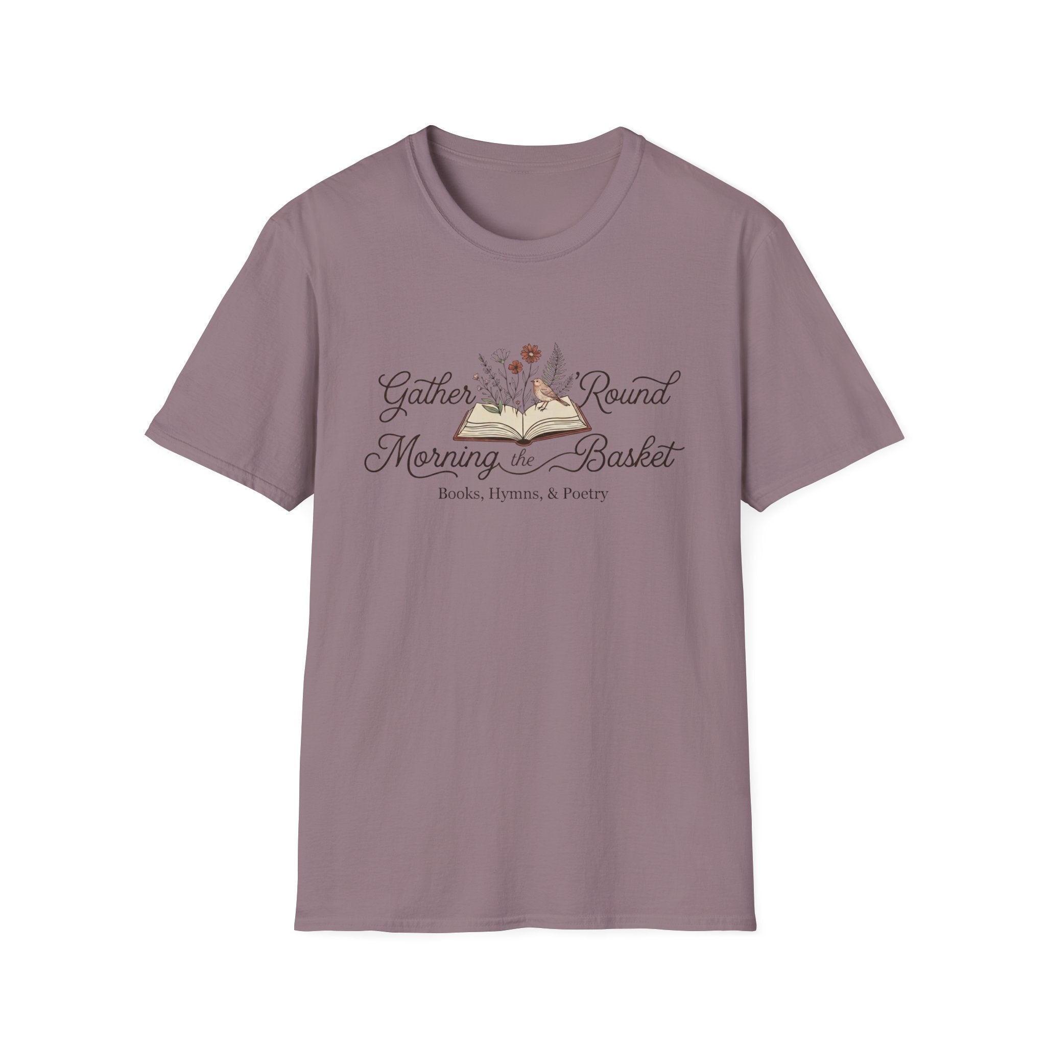 Gather Round The Morning Basket homeschool mom graphic t-shirt with a gathered-at-home inspired graphic with books, florals, and cozy family learning details