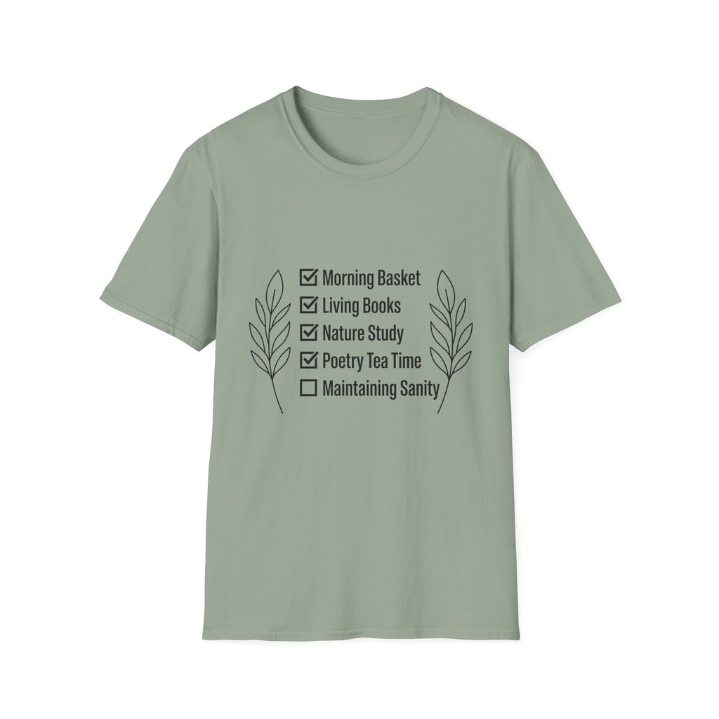 Homeschool Check List homeschool mom graphic t-shirt with a playful checklist-style homeschool graphic with bookish and nature-inspired details