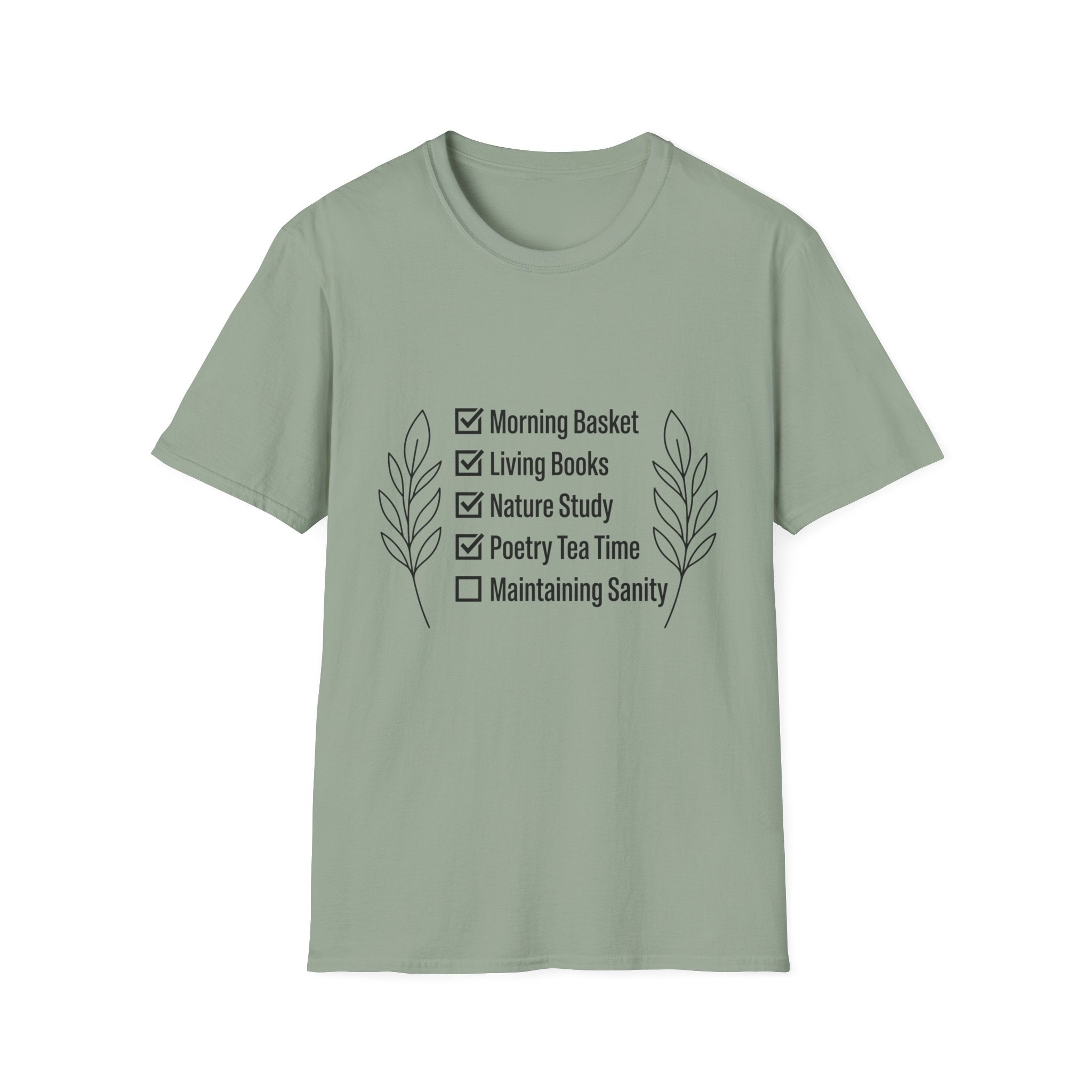 Homeschool Check List homeschool mom graphic t-shirt with a playful checklist-style homeschool graphic with bookish and nature-inspired details