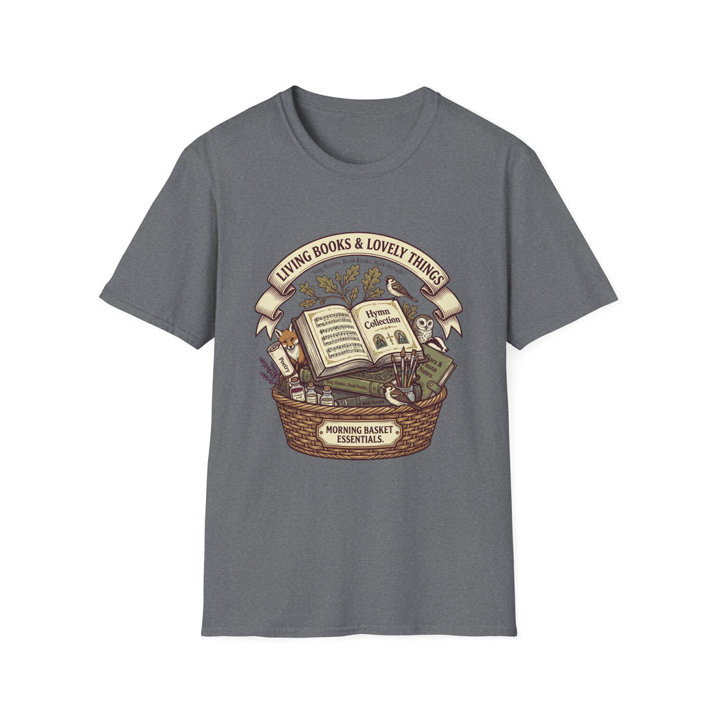 Living Books & Lovely Things homeschool mom graphic t-shirt with a Charlotte Mason-inspired design with books, nature details, and vintage homeschool charm