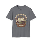 Living Books & Lovely Things homeschool mom graphic t-shirt with a Charlotte Mason-inspired design with books, nature details, and vintage homeschool charm