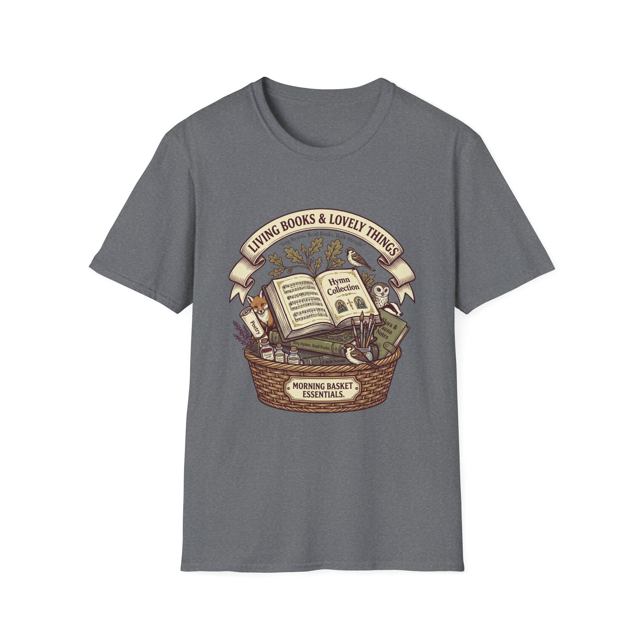 Living Books & Lovely Things homeschool mom graphic t-shirt with a Charlotte Mason-inspired design with books, nature details, and vintage homeschool charm
