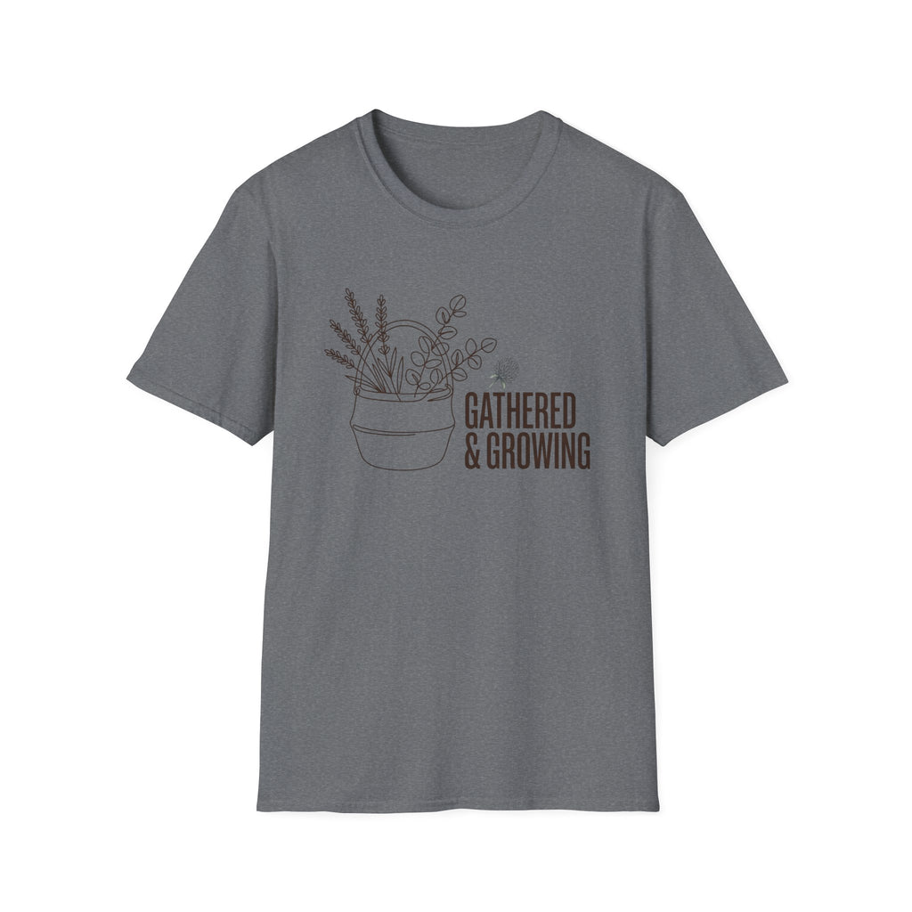Gathered And Growing homeschool mom graphic t-shirt with a gathered-at-home inspired graphic with books, florals, and cozy family learning details