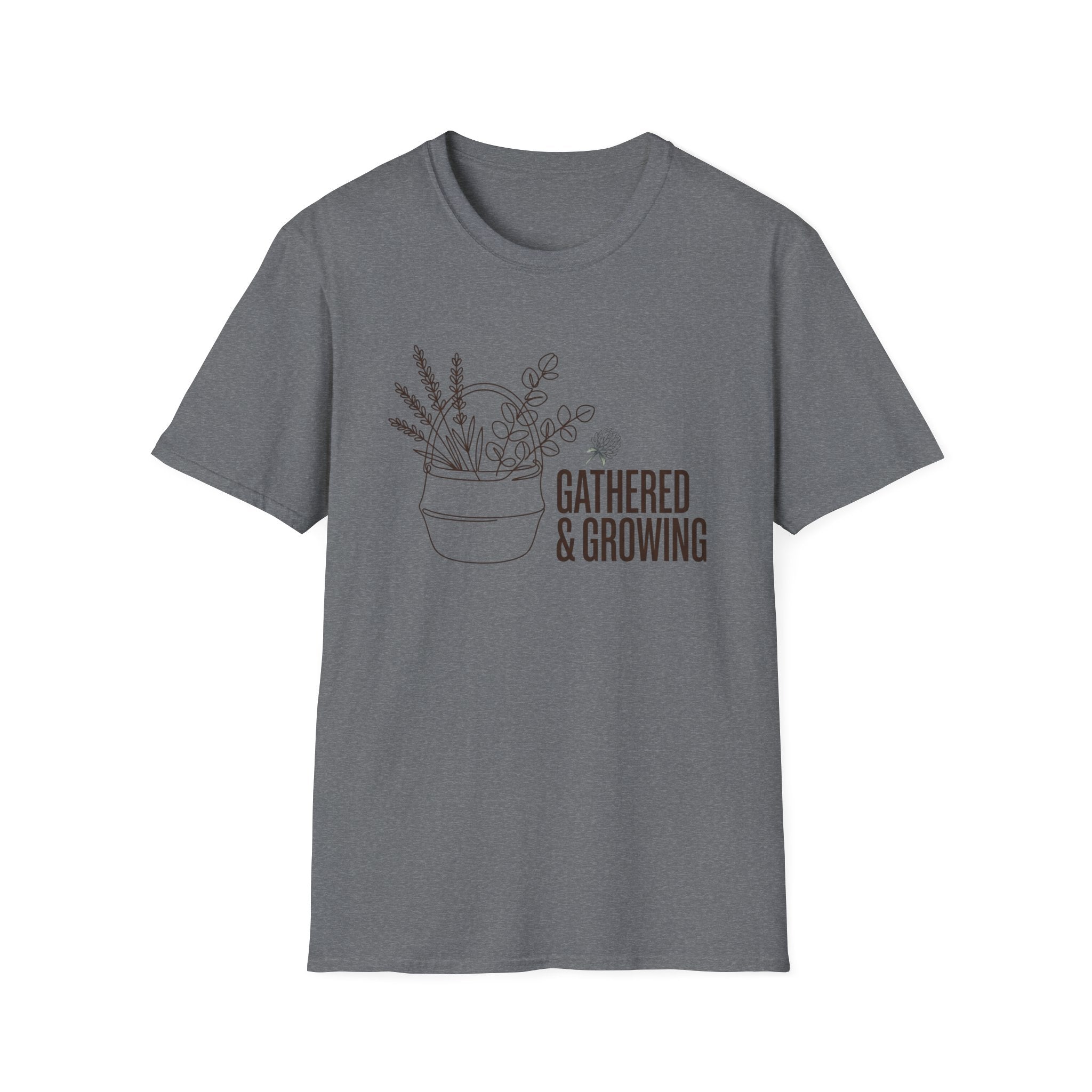 Gathered And Growing homeschool mom graphic t-shirt with a gathered-at-home inspired graphic with books, florals, and cozy family learning details