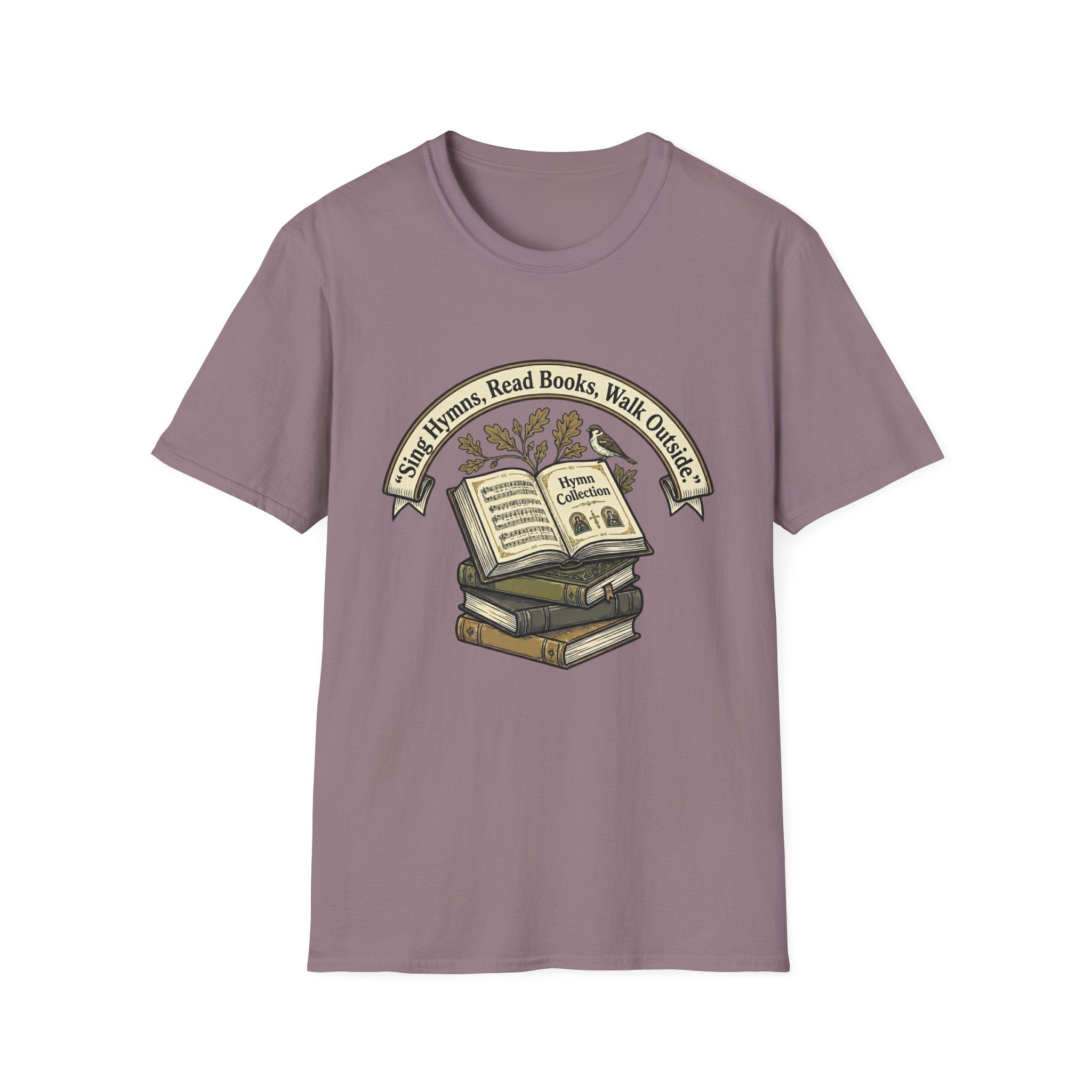 Sing Hymns, Read Books, Walk Outside homeschool mom graphic t-shirt with a faith-filled homeschool design with gentle lettering and classic illustrative details