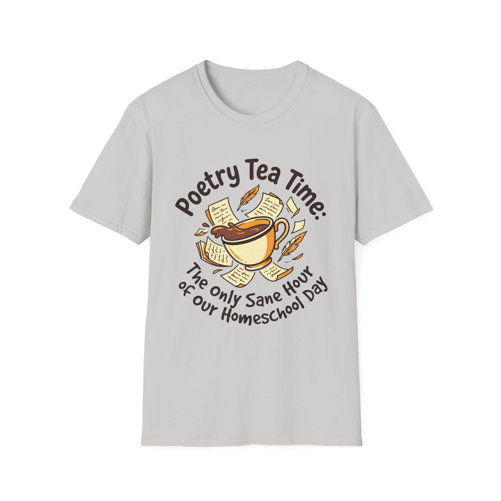 Poetry Tea Time homeschool mom graphic t-shirt with a cozy poetry teatime graphic with tea, books, and vintage homeschool charm