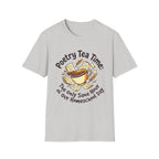 Poetry Tea Time homeschool mom graphic t-shirt with a cozy poetry teatime graphic with tea, books, and vintage homeschool charm