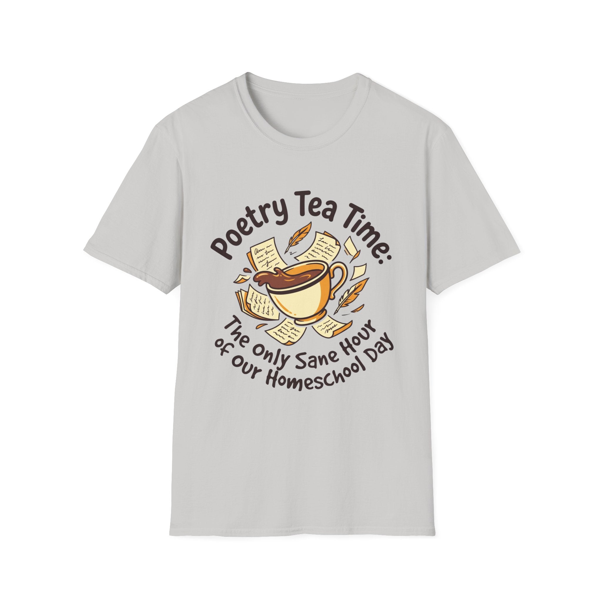 Poetry Tea Time homeschool mom graphic t-shirt with a cozy poetry teatime graphic with tea, books, and vintage homeschool charm