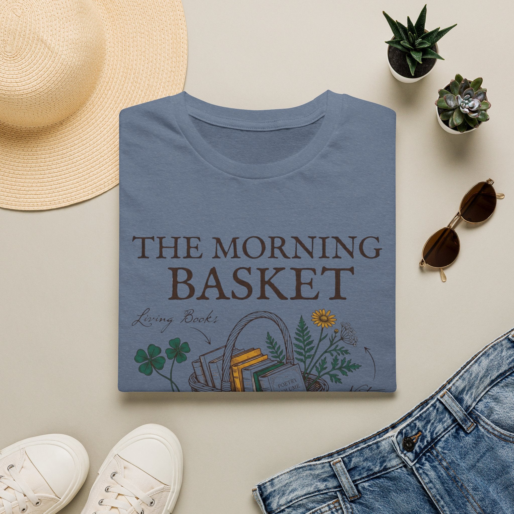 The Morning Basket homeschool mom graphic t-shirt with a cozy morning basket-inspired design with books, gentle details, and home learning charm