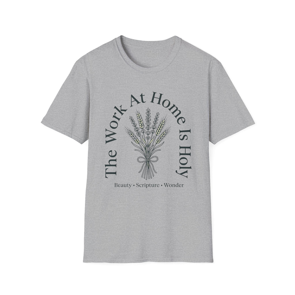 The Work At Home homeschool mom graphic t-shirt with a gathered-at-home inspired graphic with books, florals, and cozy family learning details