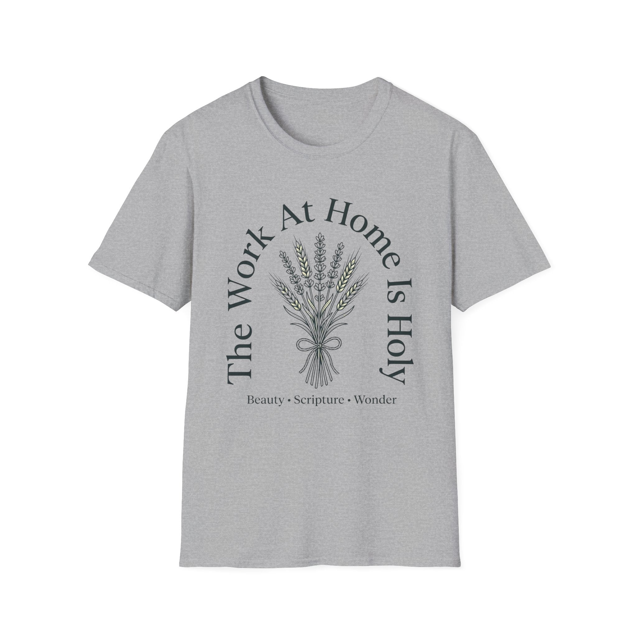 The Work At Home homeschool mom graphic t-shirt with a gathered-at-home inspired graphic with books, florals, and cozy family learning details