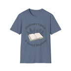 Ordinary Grace homeschool mom graphic t-shirt with a faith-filled homeschool design with gentle lettering and classic illustrative details