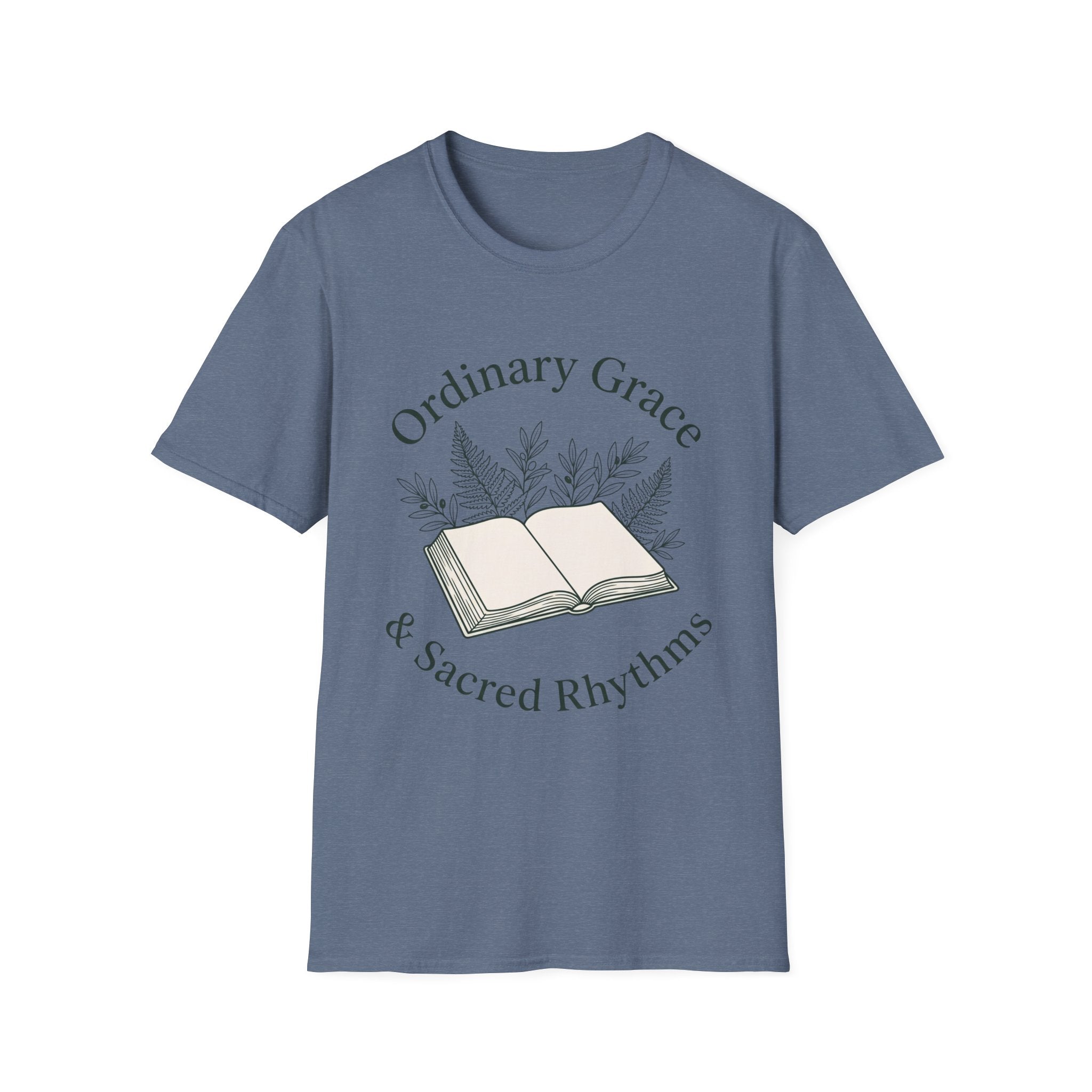 Ordinary Grace homeschool mom graphic t-shirt with a faith-filled homeschool design with gentle lettering and classic illustrative details