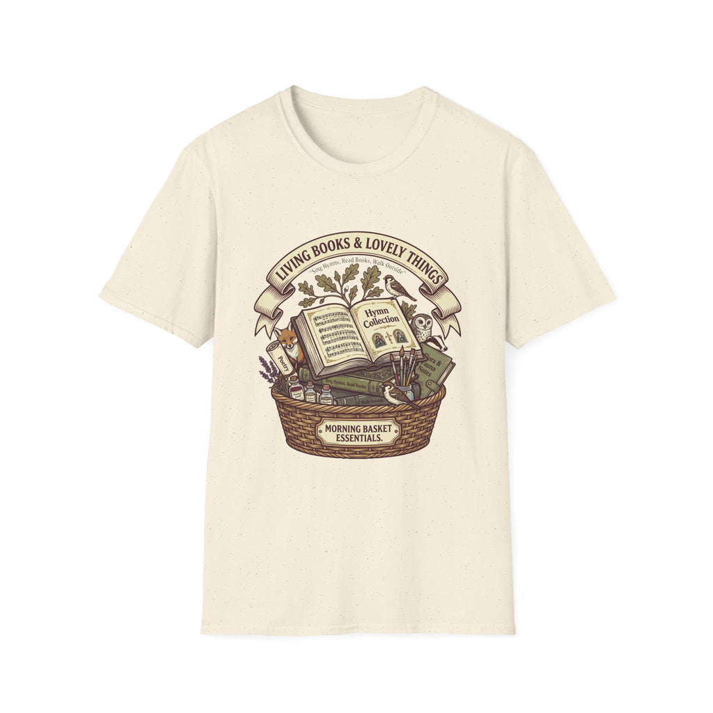 Living Books & Lovely Things homeschool mom graphic t-shirt with a Charlotte Mason-inspired design with books, nature details, and vintage homeschool charm