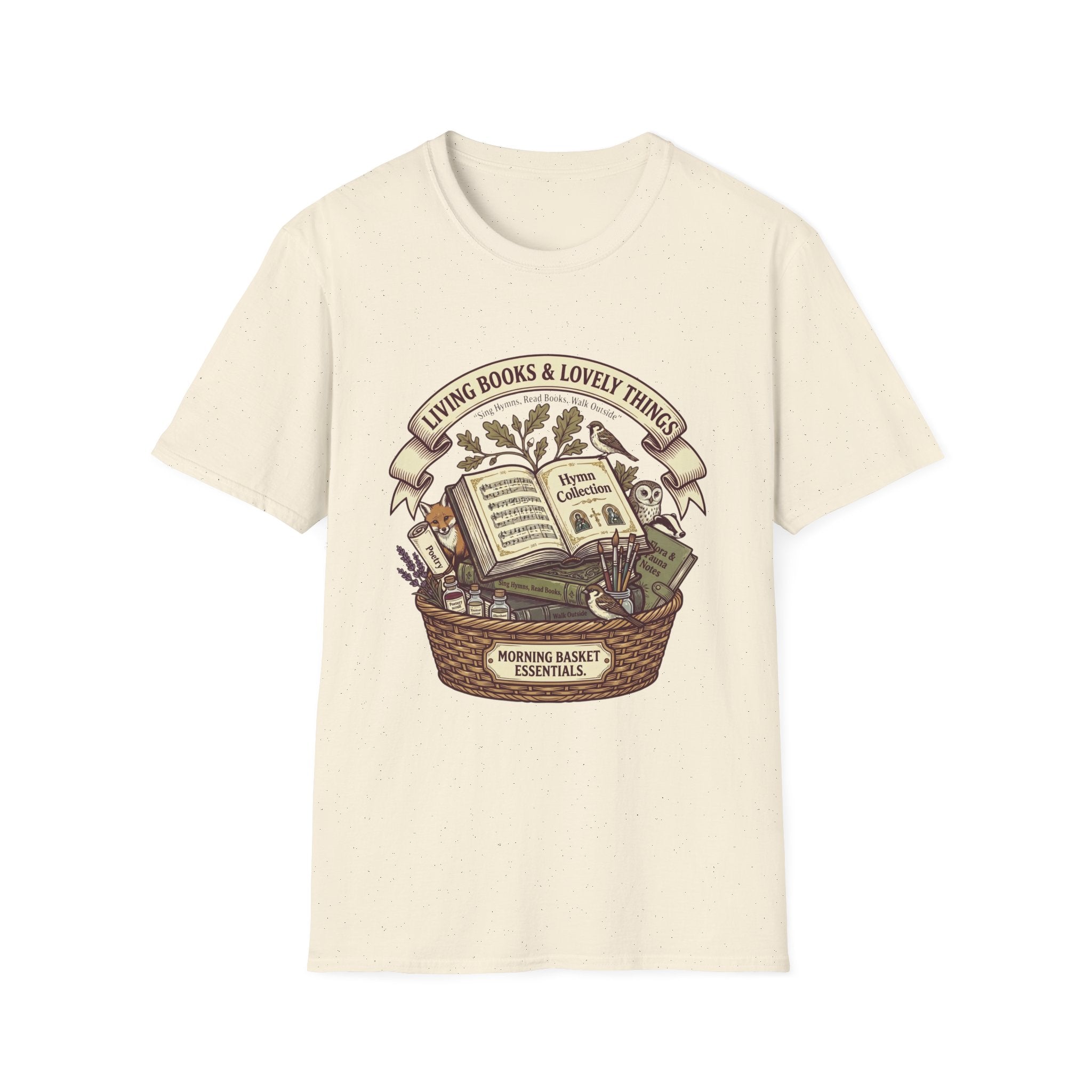 Living Books & Lovely Things homeschool mom graphic t-shirt with a Charlotte Mason-inspired design with books, nature details, and vintage homeschool charm